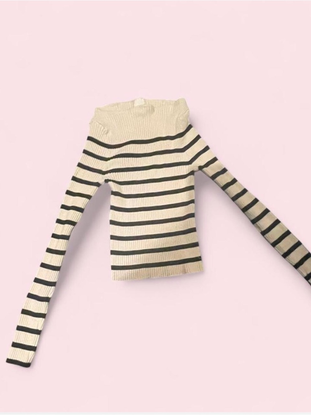 H &M Cream and Black Striped Ribbed Off the Shoulder Sweater
